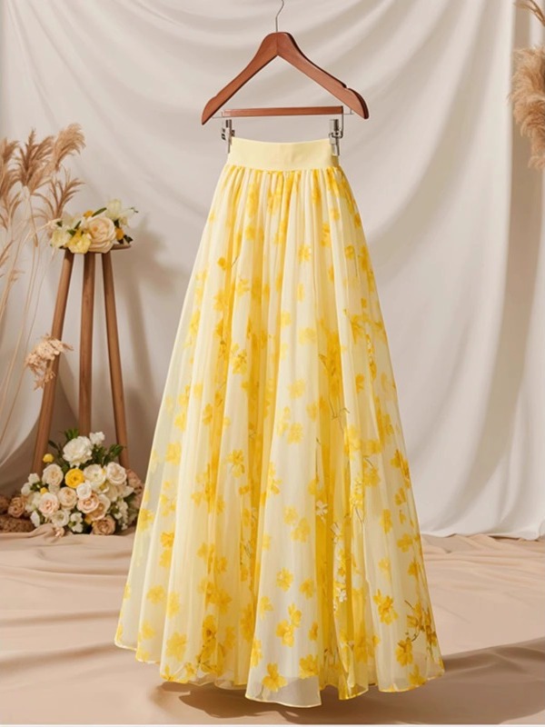 Midi Skirt Floral - Saia Midi Feminina Amarela de Cintura
