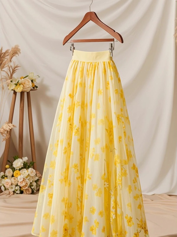 Saia Midi Feminina Amarela de  - Midi Skirt Floral avaliação e preço