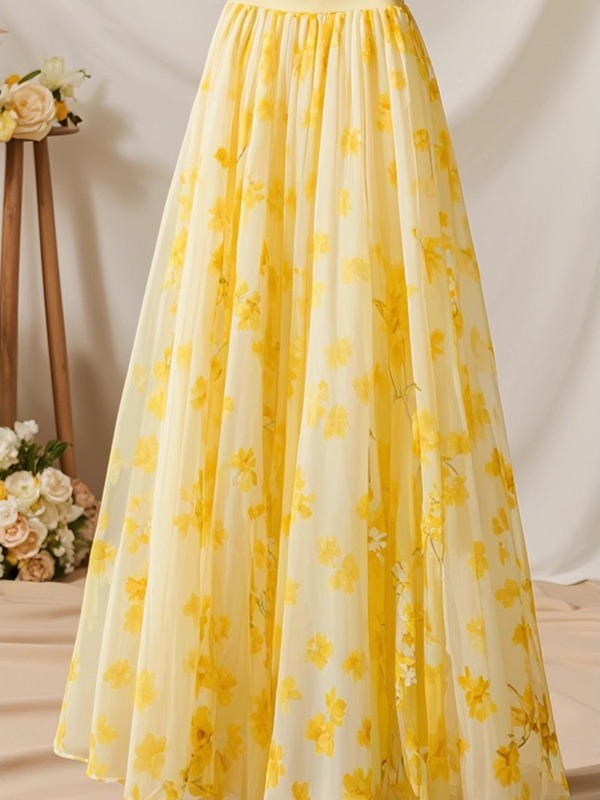 Saia Midi Feminina Amarela de  - Midi Skirt Floral avaliação e preço